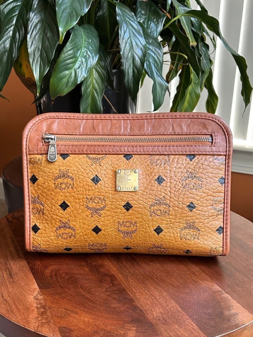 MCM Visetos Clutch Bag Pouch Vintage Cognac